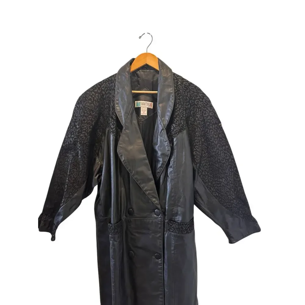 VTG 90’s Sarah Taylor Leather & Leopard Print Long Coat – Size L HolidayGift - Picture 3 of 10